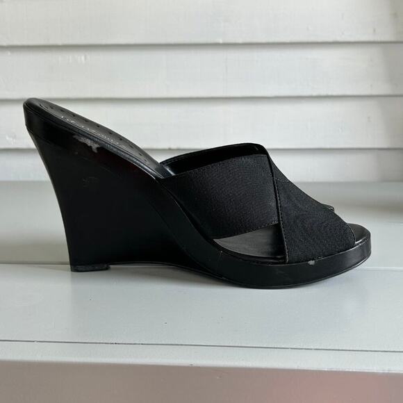 BCBGirls Black Elastic Crossover Platform Wedges Slip-On Sandals Heels Size 10 - Picture 12 of 14